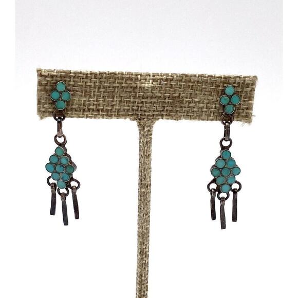 ZUNI Dishta TURQUOISE DOT INLAY EARRINGS Sterling Silver Vintage RARE Tribal - Picture 7 of 11